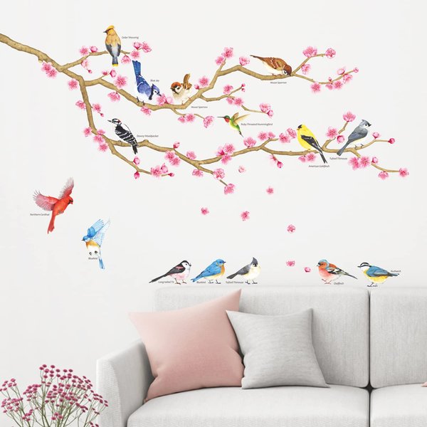 DECOWALL DWL-2009 Garden Birds and Cherry Blossom Wall Stickers Wall Decals Peel and Stick Removable Wall Stickers for Kids Nursery Bedroom Living Room d?cor