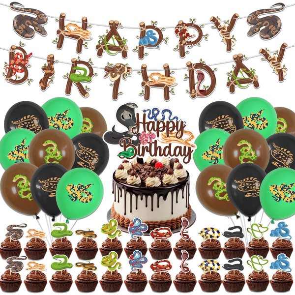 Reptile Snake Birthday Party Supplies Reptile Swamp Theme Party Supplies with Happy Birthday Banner Cake Cupcake Toppers Balloons Safari Animals Jungle Birthday Party Decorations for Boys Girls