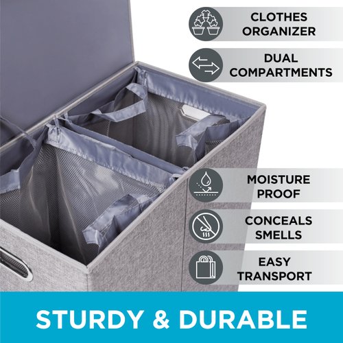 Double Laundry Hamper with Lid | Removable mesh bags | Dual Compartment Clothes Hamper | Grey
