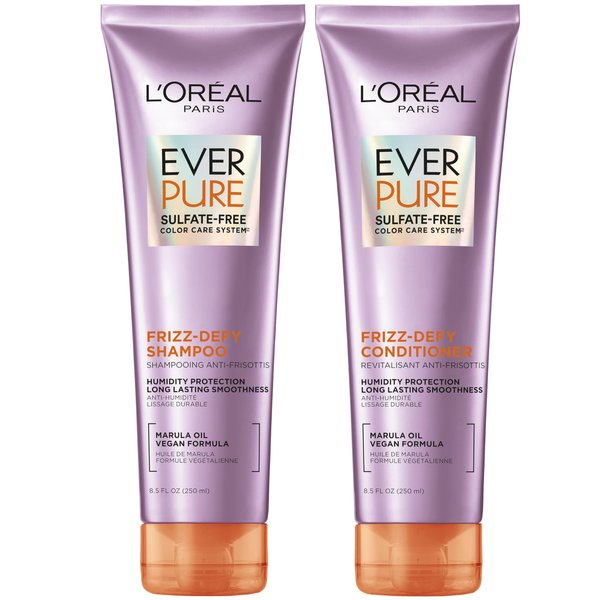 L'Oreal Paris Frizz Defy Shampoo and Conditioner Set, Frizz Control Hair Care with Marula Oil, EverPure, 8.5 Fl Oz, Set of 2