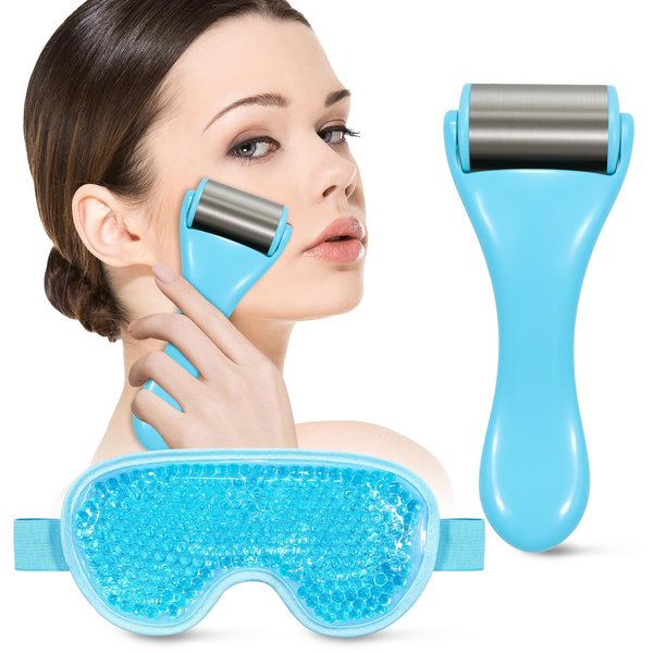 my novel things Ice Face Roller and Cold Eye Mask Compress for Eyes, Warm or Freezer Eye Mask Reusable for Puffiness Wrinkles, Lifting, Facial Lymphatic Drainage Massager SPA for Woman Man Gifting Set