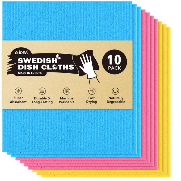 AIDEA Swedish Dish Cloth-10PK, Swedish Dishcloths for Kitchen, Reusable Paper Towels Washable, Sponge Cloths Kitchen, Absorbent Dish Rags, Swedish Towels Kitchen Cloth, Eco-Friendly -7"x6"