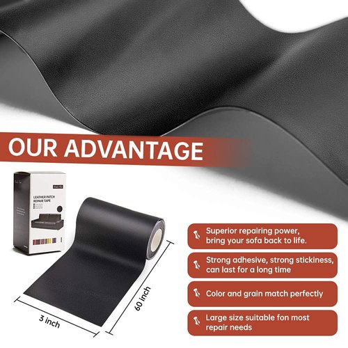Leather Repair Patch Tape Kit Black 3 x 60 inch Self Adhesive Leather Repair Patch for Furniture, Couch, Sofa, Car Seats,Office Chair,Vinyl Repair Kit