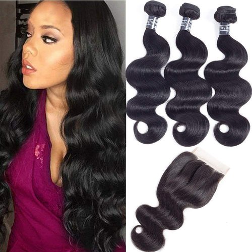 Amella Hair 8A Brazilian Body Wave Human Hair Bundles with Closure(22" 24" 26"+20" Three Part Closure) 100% Unprocessed Brazilian Virgin Human Hair Extensions