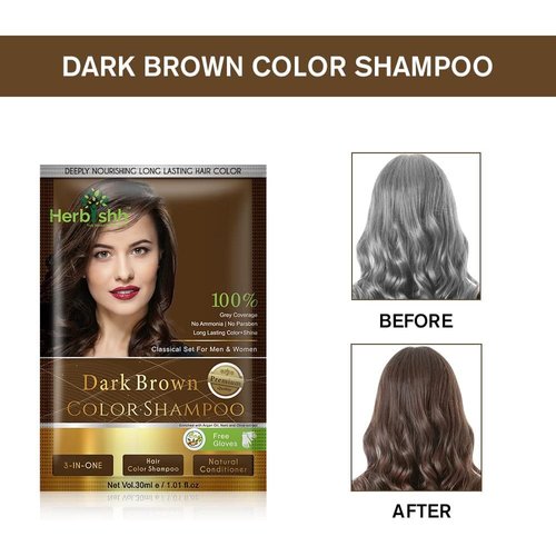 Herbishh Natural Hair Color Shampoo for Gray Hair - Argan Hair Mask, Travel Size, Long-Lasting Color, Ammonia-Free, 10 Pack + 1 Pack (Dark Brown)