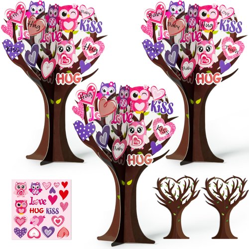 BeYumi 16Pcs Valentine’s Day Heart Trees Craft Kit for Kids Make Your own Valentine Owl Heart Trees Decorations DIY Valentine’s Day Crafts Set Holiday School Classroom Home Party Fun Activities Decor