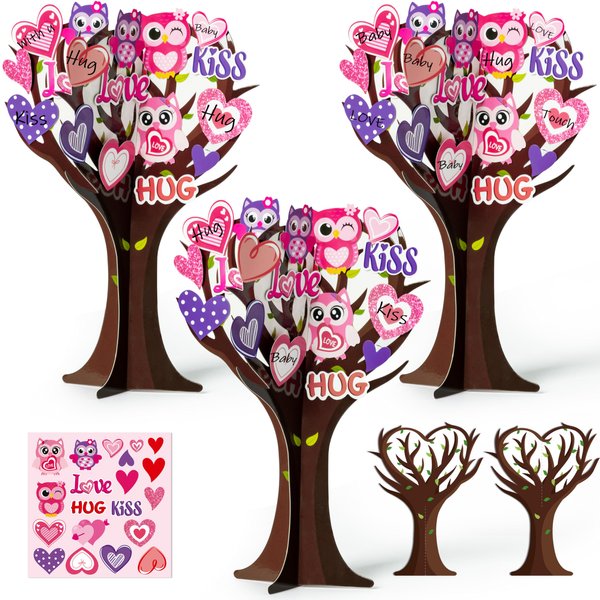 BeYumi 16Pcs Valentine’s Day Heart Trees Craft Kit for Kids Make Your own Valentine Owl Heart Trees Decorations DIY Valentine’s Day Crafts Set Holiday School Classroom Home Party Fun Activities Decor