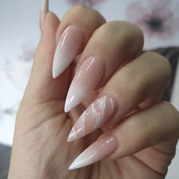 ANDGING French Tip Press on Nails Stiletto Ombre White Pink Short Medium Fake Nails Glue on Nails with Marble Gradent Design Manicure Acrylic False Nails with Glue Gel Women Stick on Nail for Wedding