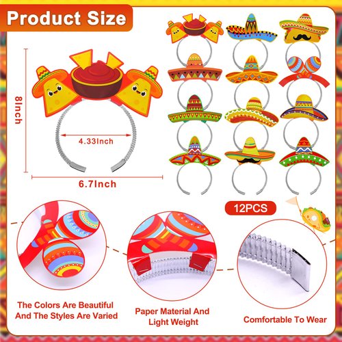 Camlinbo Mexican Fiesta Costume Headwear, 12 Pcs Cardboard Headbands and 12 Pcs Paper Eyeglasses, Mexican Themed Party Supplies for Halloween, Cosplay, Carnivals, Parade, and More