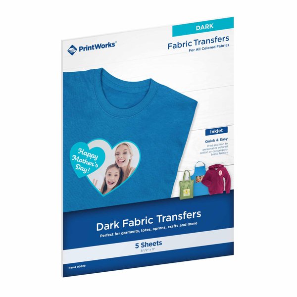 PrintWorks Printable Iron on Heat Transfer Paper for Dark Fabrics & T-Shirts, 8.5” x 11”, 5 Sheets, Easily DIY, Made in the USA