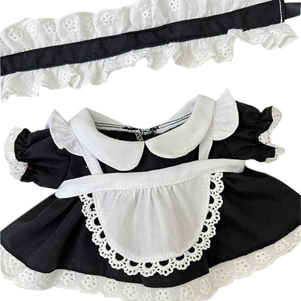 niannyyhouse 20cm Plush Doll Clothes Headwear Dress Apron Maid Suit 8in Soft Stuffed Plush Dress up (Black)