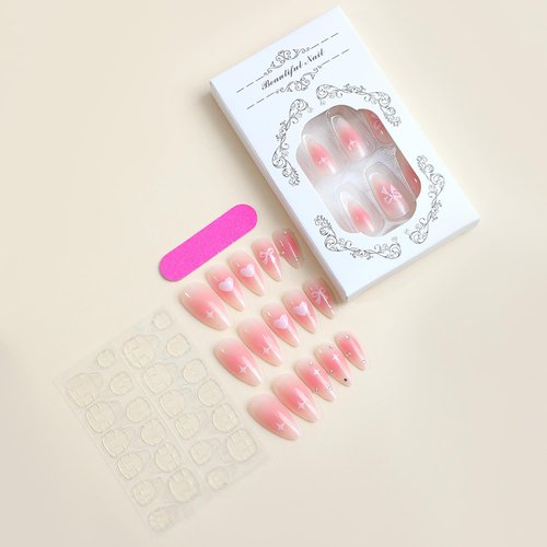 24 Pcs Almond Press on Nails Medium Thick Fake Nails with Solid Color Glossy Full Cover False Nails with Bow Love Heart Designs Cute Nails Press ons Rhinestone Glue on Nails for Women (Pink Kit)