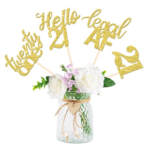 12 PCS 21st Birthday Centerpiece Sticks Double Sided Legal Twenty One Hello 21 Table Flower Centerpieces Sticks Cheers to 21 Floral Decorations for Happy 21st Birthday Party Supplies Gold