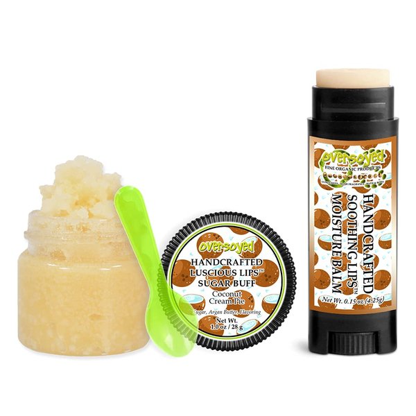 Coconut Cream Pie Soothing & Luscious Lips by OverSoyed Exfoliator & Chapped Lip Repair Lip Care Combo | Artisan Handcrafted to Order Tropical Sweet Coconut Banana Peach Vanilla Flavored Exfoliating Sugar Lip Scrub & Lip Moisturizer Balm Gift Set