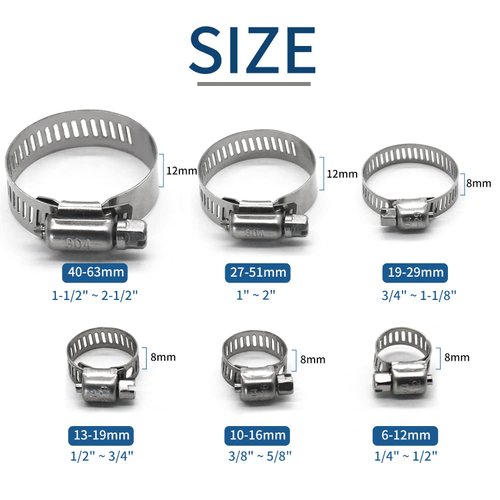 25 Pack Stainless Steel Hose Clamps, 1/4 inch to 1/2 inch Worm Gear Metal Hose Clamps for Pipe, Dryer Repair, Tubing and Fuel Line