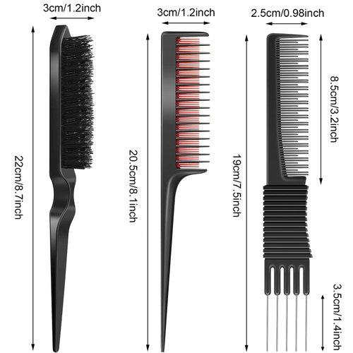 3 Pieces Pick Teasing Combs Hair Brush Set Includes Black Carbon Lift Teasing Combs with Metal Prong, Triple Pin Rat Tail Comb, Nylon Bristle Hair Comb Brush for Women (Black and Red)