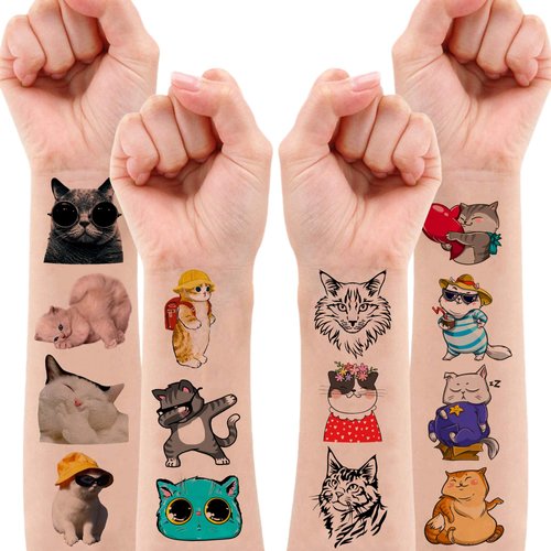 Cat Temporary Tattoos Themed Birthday Party Supplies Favors Decorations 96 PCS 8 Sheets Cute Fake Tattoo Stickers Party Games For Children Kids Boys Girls School Gifts Rewards Home Activity
