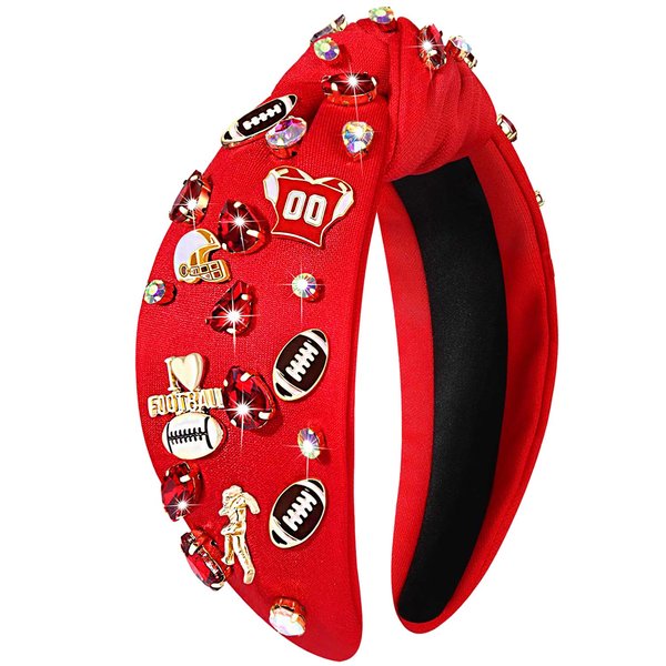mokkia Football Headband for Women Football Mom Accessories Crystal Rhinestone Jeweled Wide Top Knot Headband Game Day Sports Hair Accessories Gift (Red)