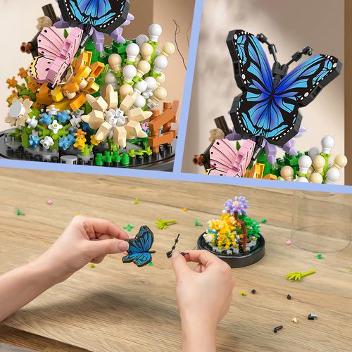 QLT QIAOLETONG Flower Bouquet Building Kit for Adults, 530 PCS Animals Flowers Botanical Collection Mini Building Blocks Set, Valentine's Day for Her Mom Women Wife Girlfriend (Butterfly)