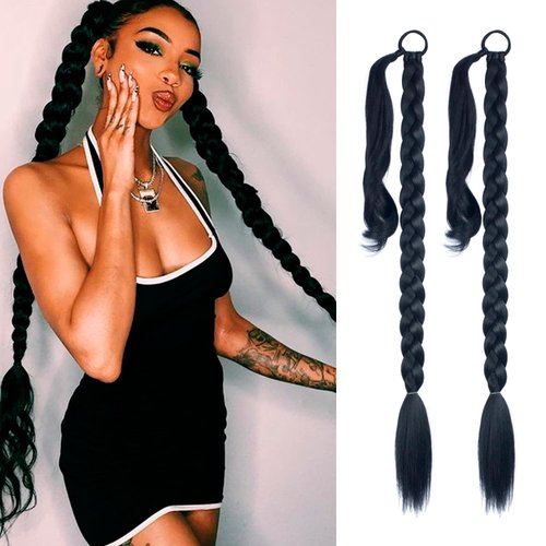 LyoRuSi 2 Pack Long DIY Braided Ponytail Extension with Hair Tie Straight Wrap Around Hair Extensions Ponytail(1B#)