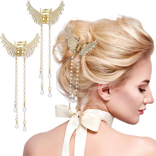 ANCIRS 2 Pack Pearl Long Tassel Hair Claw Clips for Women, Rhinestone Butterfly Hair Barrettes Accessories for Girls