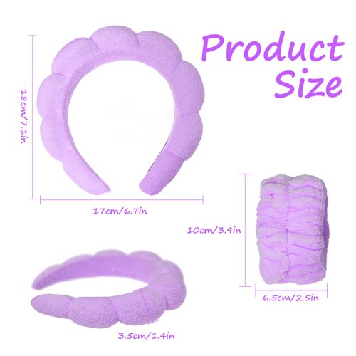 Beleki Spa Headband for Washing and Wristband Set Sponge Headband Women Face Wash Makeup Skincare Headband Non Slip Puffy Headwear Thick Hair Accessories for Women Girls, Purple