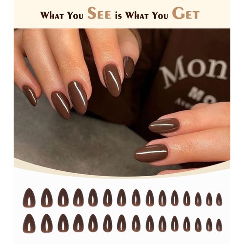Morily Press on Nails Almond, Dark Brown Short Fake Nails with Designs Reusable Acrylic False Nails Glossy Full Cover Stick on Nails for Women