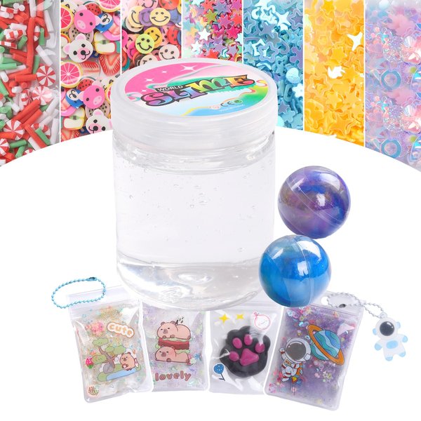 Premade Glassy Clear Slime Kit, 10 Add-ins Glitters Sparkles Sequins Confetti, Squishy Sensory Toy, Unique Craft Best Gift for Ages 6-12 (Galaxy Goo)
