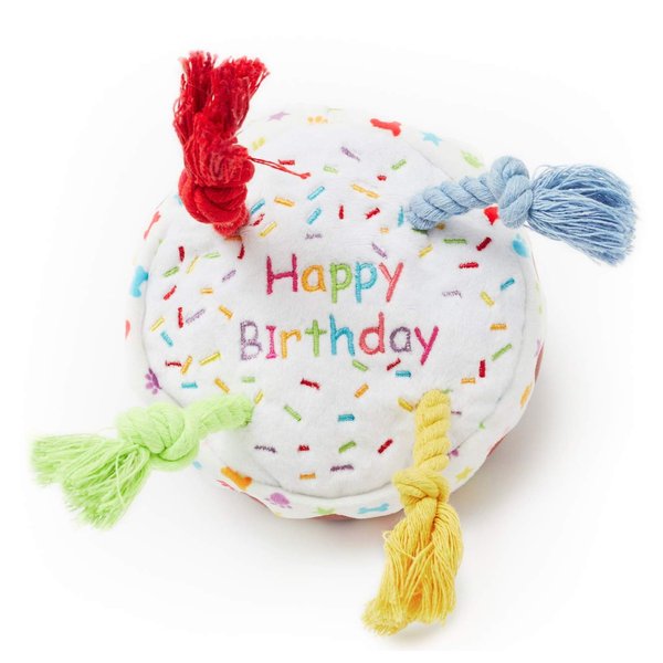 Pet London Dog Birthday Cake Squeaky Soft Plush Toy with Rope Candles in Fun Happy Bright Colours - Celebrate Your Dog's Happy Birthday - Plush Rainbow Pattern Dog Party Bday or Adoption Gift (Medium)