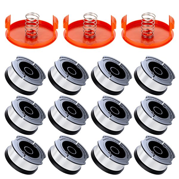AF-100 Weed Eater Spool Compatible with Black+Decker, 30ft 0.065" Autofeed Replacement Weed Eater String Trimmer Line for Black and Decker Weed Eater (12 Line Spools + 3 Caps+3 Springs)
