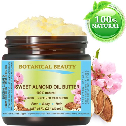 Botanical Beauty SWEET ALMOND OIL BUTTER Pure Natural Virgin Unrefined RAW 16 Fl. Oz.- 480 ml for FACE, SKIN, BODY, DAMAGED HAIR, NAILS.