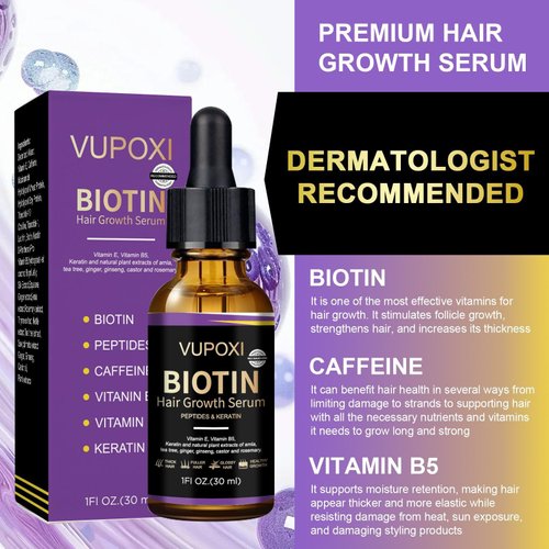 Biotin Hair Growth Serum - Topical Biotin Hair Serum for Hair Growth Infused with Peptides, Keratin, Caffeine, and Vitamins, All Hair Types 1 Fl Oz