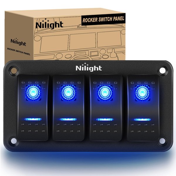Nilight - 90109D 4 Gang Aluminum Rocker Switch Panel Toggle Dash 5 Pin ON/Off Pre-Wired Rocker Switch Blue Backlit Switch for Automotive Car Marine Boat RV,2 Years Warranty