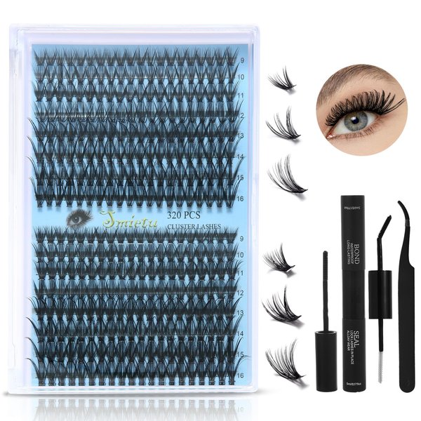 Smietu Lash Clusters Kit, 320pcs Lashes,30D 40D Curl 9-16mm MIX Eyelashes, Eyelash Extension Kit, Lash Bond and Seal, DIY Lash ExtensionKit (30D+40D-0.07D-9-16MIX Kit)