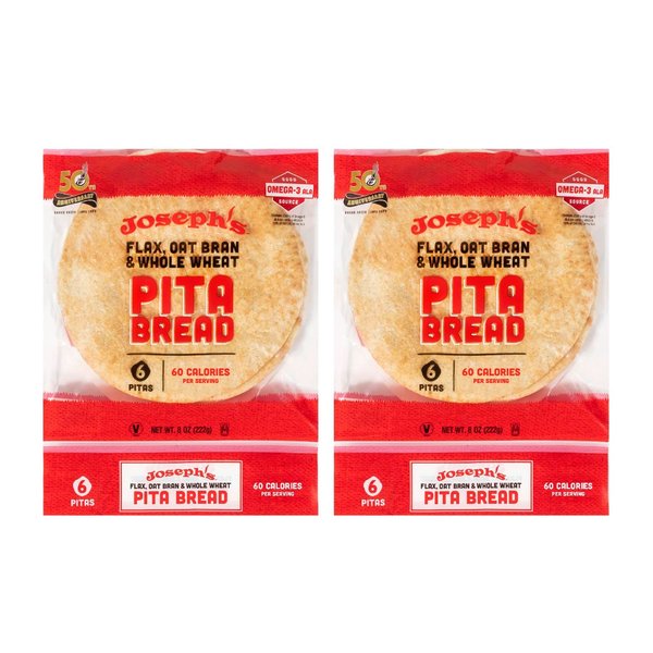 Joseph's Pita Bread Value 2-Pack, Flax Oat Bran and Whole Wheat, 7g Net Carbs per Serving, Fresh Baked (6 per Pack, 12 Pitas Total)