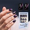 Wooyas Cat Eye Press on Nails Short, 9D Glitter Black Square Handmade Fake Nails with Purple Glitter Design, Glossy Salon Perfect Magnetic Gel Nails in 12 Sizes - 24 Pcs Nails Kit for Woman