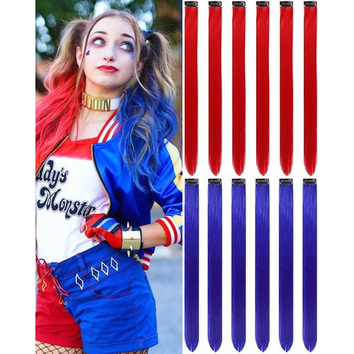 Red and Blue Hair Extensions Clip in 12 PCS, Olldag Colored Hair Extensions Party Highlights, Colorful Straight Synthetic Hairpiece for Kids Girls Women Halloween Clown Girl Cosplay (20-inch)