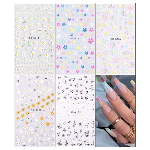 3D Embossed Flower Nail Art Stickers Decals 5 Sheets 5D Self-Adhesive Pegatinas Uñas Colorful Daisy Blossom Floral Nail Supplies Nail Art Design Decoration Accessories