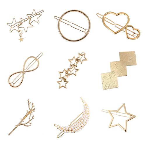 9 Pack Vintage Circle Moon Star Branch Pearl Metal Gold Hair Clips Hairpins Snap Barrettes Decorative Hair Styling Ornament Accessories for Women Girls