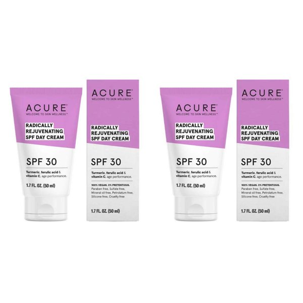 Acure Organics Radically Rejuvenating SPF 30 Day Cream (Pack of 2) With Aloe Vera, Argan, Vitamin C, Shea Butter, Coconut Oil, Turmeric Root and Blue Tansy Flower, 1.7 fl. oz. each