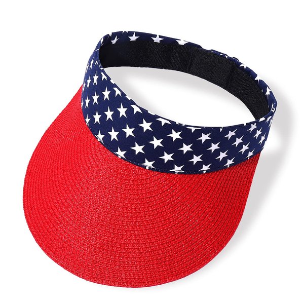 boderier US Flag Straw Sun Visor Hats for Women Wide Brim UV Protection Summer Running Beach Travel Packable Straw Hat Visor Caps (Red-US Flag)