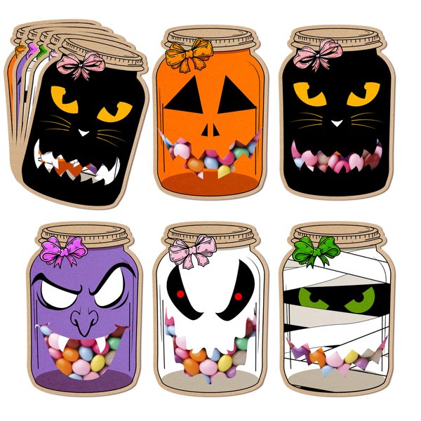 Halloween Cards-50 Pack Mason Jars Shape with Candy Bags for Party Favors, Trunk or Treat DIY Gift for Preschool Classroom, 5 Design Fall Crafts for Kids, Treat Bag Halloween Craft Supplies