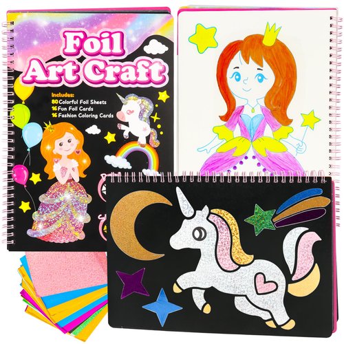 Fun Foil Art Craft Activity for Kids, Foil Princess Fun DIY Kit, No Mess Art Craft Coloring Book for Kids, Travel Toys for Road Trip Car Airplane, Gifts for Girls & Boys Ages 4, 5, 6, 7, 8, 9