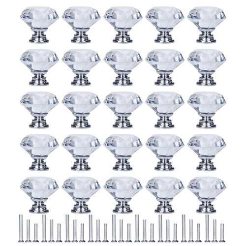 YourGift 30 Pack Drawer Knobs Diamond Shaped Crystal Glass 30mm Cabinet Knobs Pull Handle (30 mm, 30 Pack, Silver)
