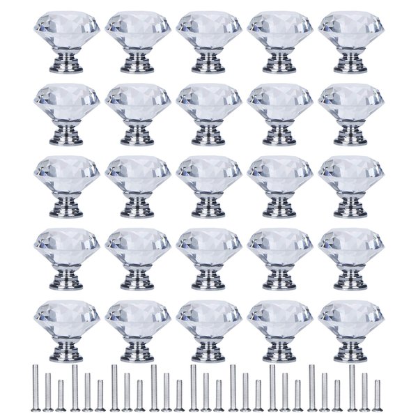 YourGift 30 Pack Drawer Knobs Diamond Shaped Crystal Glass 30mm Cabinet Knobs Pull Handle (30 mm, 30 Pack, Silver)