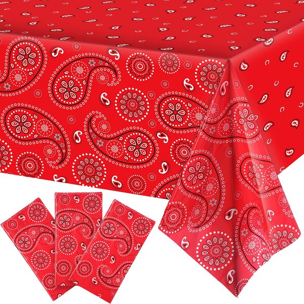 Western Party Tablecloth Paisley Table Cover Bandana Plastic Table Cloth Rectangle Floral Tablecloth for Western Cowboy Themed Party Decorations, 108 X 54 Inches (Red, 3 Pack)