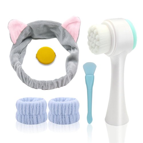 Face Washing Set,Facial Washing Brush, Headbands, Wrist Band, Facial Mask Brush，and Powder Puff（Blue 6pcs）