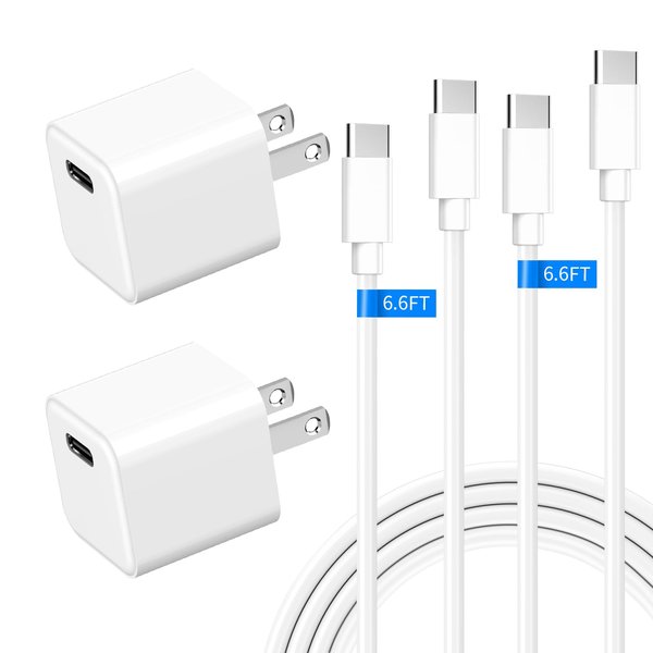 20W USB C Wall Charger Block for Android Google Pixel 9/8/8 Pro/7/7a/7 Pro/6 Pro, Galaxy S24, iPhone 15 Pro Max, [2 Pack] PD Type-C Port Compact Cube Fast Charging Power Mini Adapter + 2 x 6FT Cable