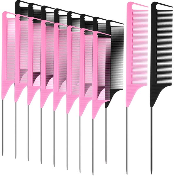 18 Pieces Parting Comb for Braids, Rat Tail Comb Stainless Steel Pintail Comb Teasing Combs for Hair Cutting Hair Styling Hairdressing (Black, Pink)