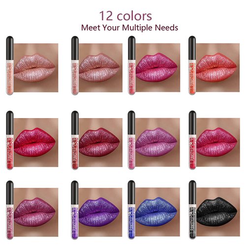 Gireatick 12 Colors Glitter Lip Gloss Set, 12Pcs Diamond Shimmer Metallic Liquid Lipstick Set, Long Lasting Waterproof Non-stick Cup Lip Gloss Glow Cosmetic Kit